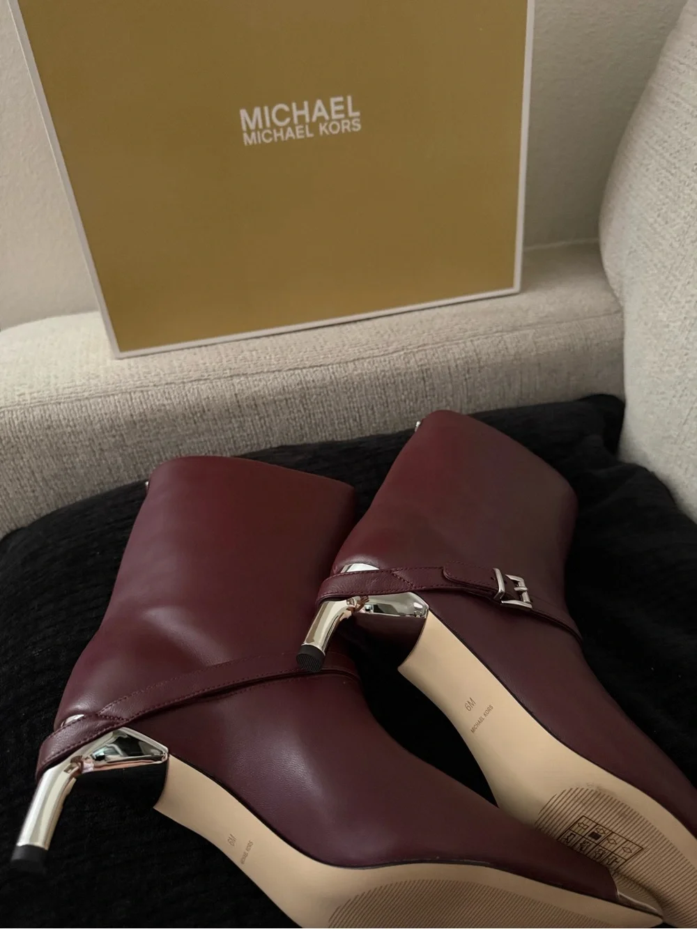 Michael Kors Burgundy Leather Pointed Toe Mid-Calf Boots with Metal Cap